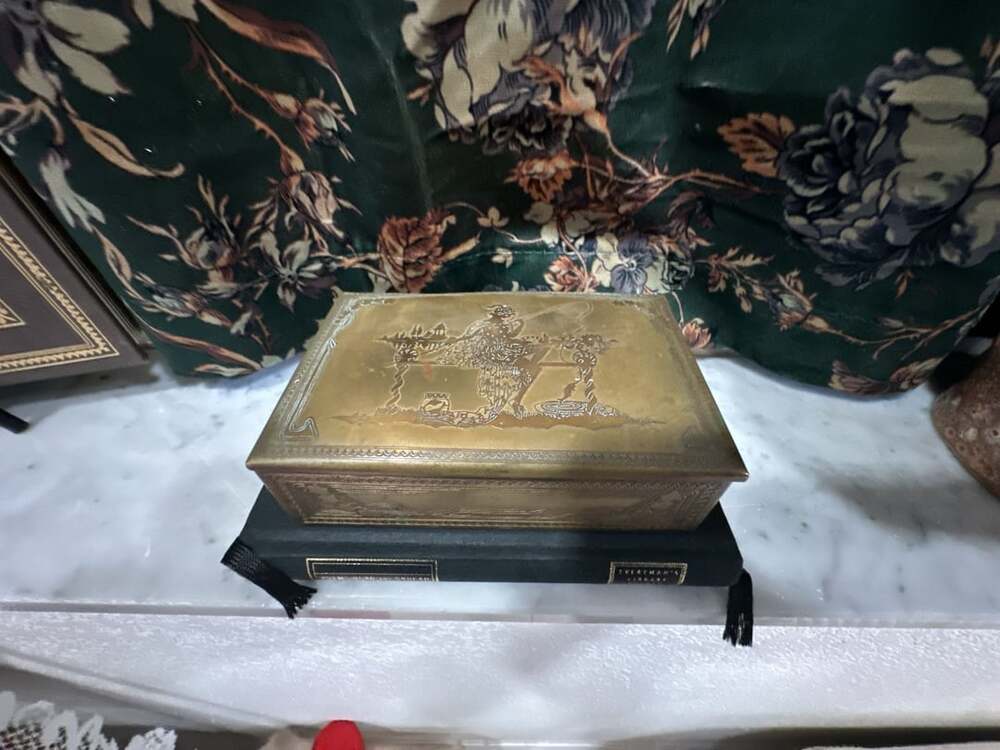 Vintage Brass Fishing Scene Jewelry Box Trinket Casket Box